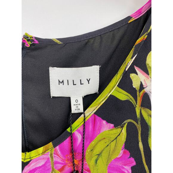 Milly Dress Flutter Sleeve Lilly Floral 100% Silk Black Pink Mini Size 0 New - Picture 4 of 7